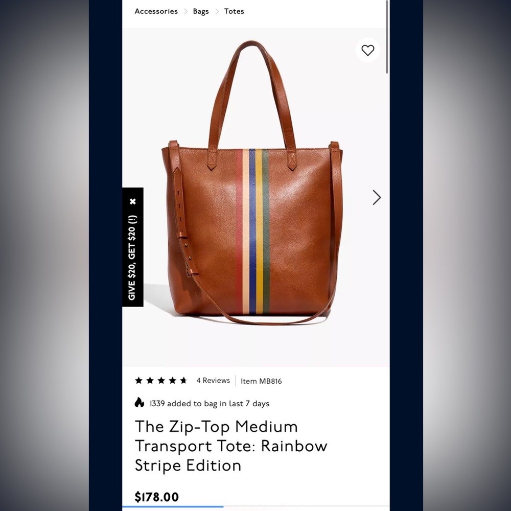 Madewell Medium Zip Top Transport Rainbow Stripe Edition
